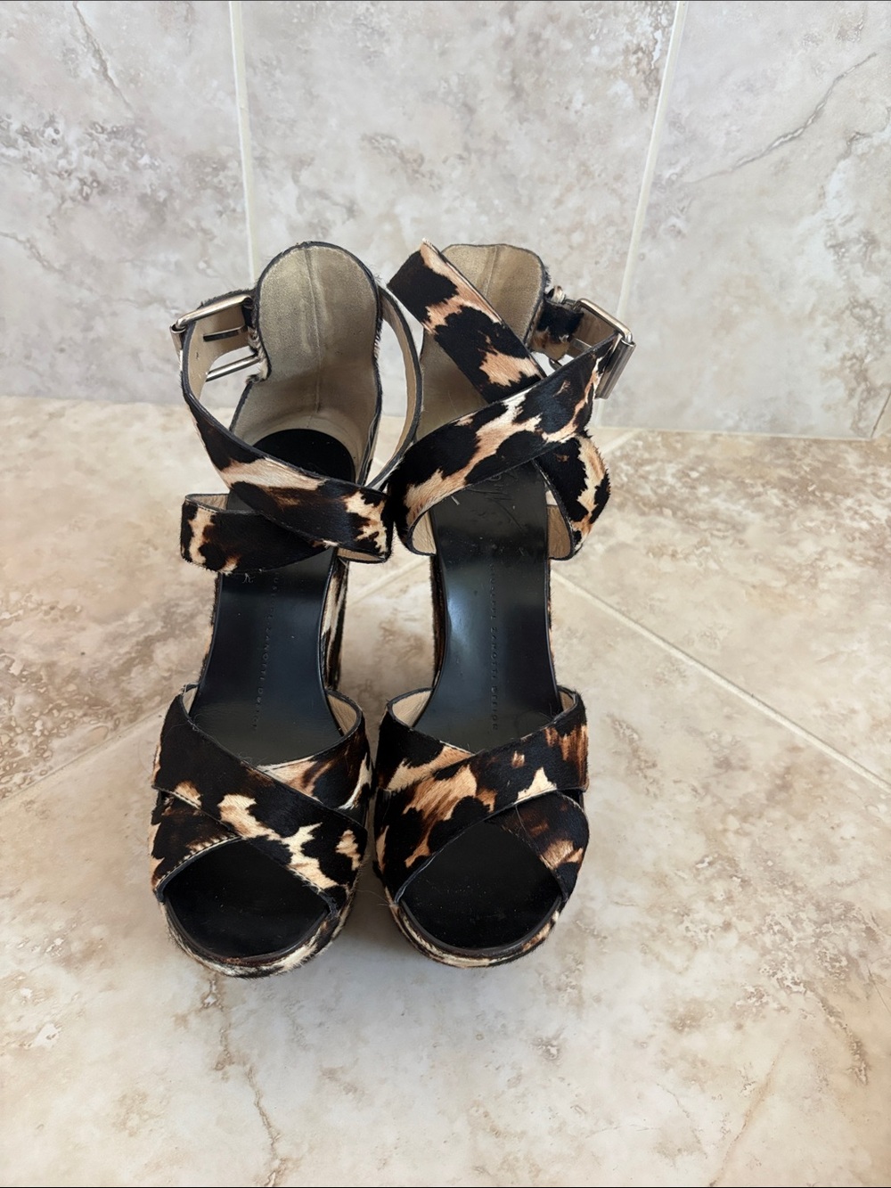 Giuseppe Zanotti Black and Brown Leopard Platform Sandals